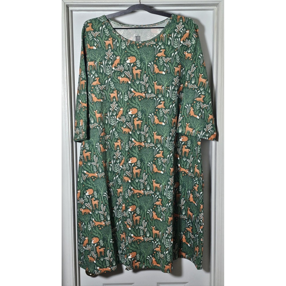 Winter Water Factory Helsinki Deer & Foxes Dress‎ XXXL 3XL Green NWOT 3/4 Sleeve